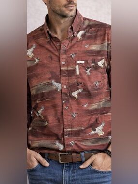 Columbia Duck Print Shirt Mens L Red Button Down Hunting Outdoor